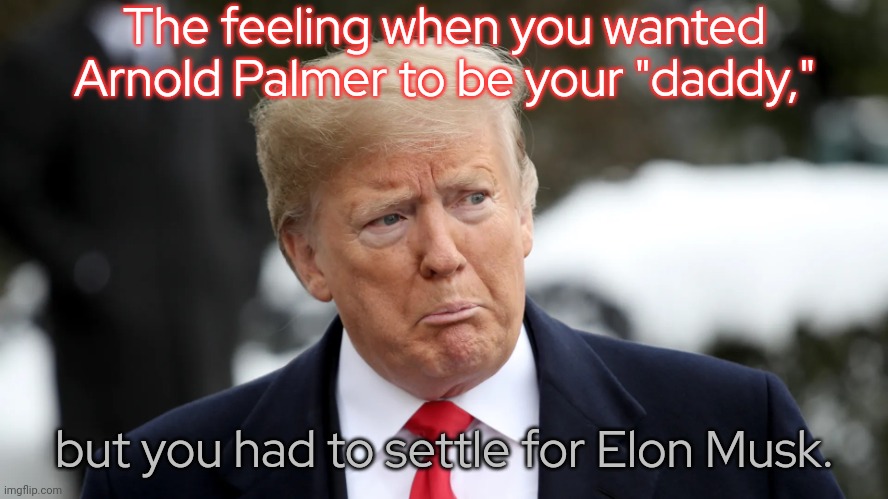 It may be a good thing that he died before hearing what Trump would say about him. | The feeling when you wanted Arnold Palmer to be your "daddy,"; but you had to settle for Elon Musk. | image tagged in trump sad,lol pet,master,lgbtq,puppet,good soldiers follow orders | made w/ Imgflip meme maker