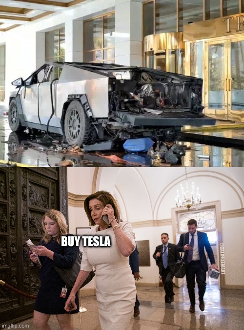 BUY TESLA; @CALJFREEMAN1 | image tagged in nancy pelosi,good old nancy pelosi,tesla truck,elon musk,maga,tesla | made w/ Imgflip meme maker