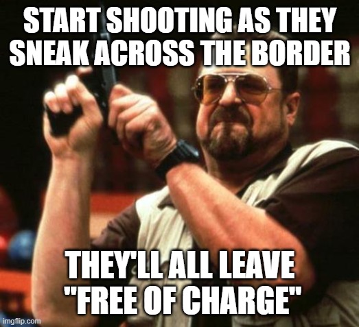 gun | START SHOOTING AS THEY SNEAK ACROSS THE BORDER THEY'LL ALL LEAVE
 "FREE OF CHARGE" | image tagged in gun | made w/ Imgflip meme maker