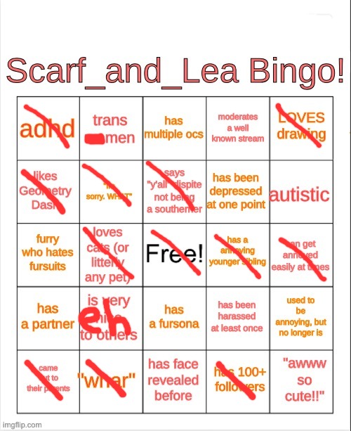 Scarf_and_Lea Bingo | image tagged in scarf_and_lea bingo | made w/ Imgflip meme maker