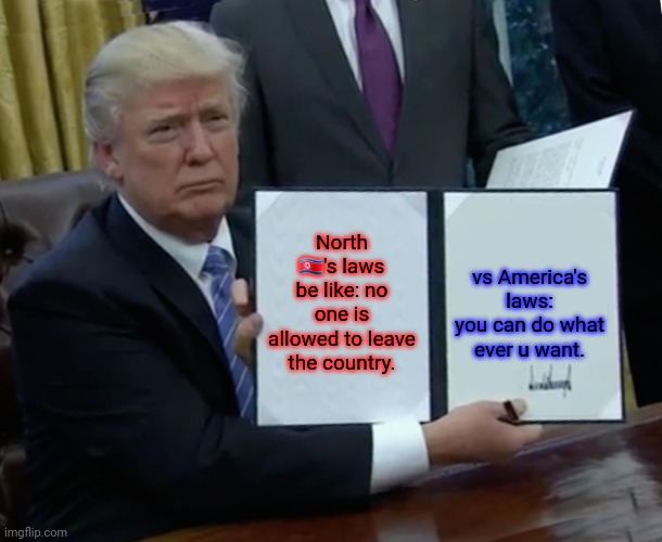 ??'s laws vs ??'s laws | North 🇰🇵's laws be like: no one is allowed to leave the country. vs America's laws: you can do what ever u want. | image tagged in memes,trump bill signing | made w/ Imgflip meme maker