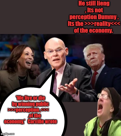 Try some honesty Carville | He still lieng , Its not perception Dummy . Its the >>>reality<<< of the economy. 'We live or die by winning public >>>perception ,<<<     
         ,of the economy,'   Carville wrote | made w/ Imgflip meme maker