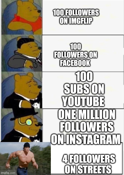 Run | 100 FOLLOWERS ON IMGFLIP; 100 FOLLOWERS ON FACEBOOK; 100 SUBS ON YOUTUBE; ONE MILLION FOLLOWERS ON INSTAGRAM; 4 FOLLOWERS ON STREETS | image tagged in whinnie the pooh fancy 5 | made w/ Imgflip meme maker