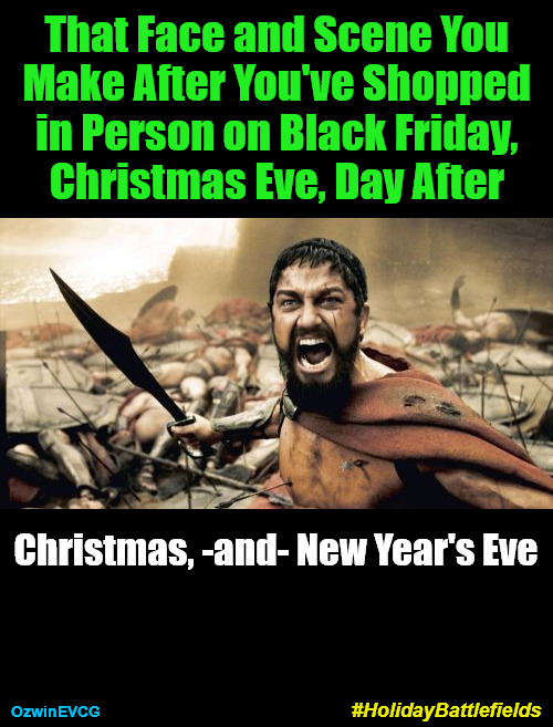 #HolidayBattlefields | That Face and Scene You 

Make After You've Shopped 

in Person on Black Friday, 

Christmas Eve, Day After; Christmas, -and- New Year's Eve; #HolidayBattlefields; OzwinEVCG | image tagged in memes,sparta leonidas,shopping,competition,holidays,battlefield | made w/ Imgflip meme maker