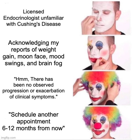 Cushings and Healthcare | Licensed Endocrinologist unfamiliar with Cushing's Disease; Acknowledging my reports of weight gain, moon face, mood swings, and brain fog; "Hmm, There has been no observed progression or exacerbation of clinical symptoms."; "Schedule another appointment 6-12 months from now" | image tagged in memes,clown applying makeup | made w/ Imgflip meme maker