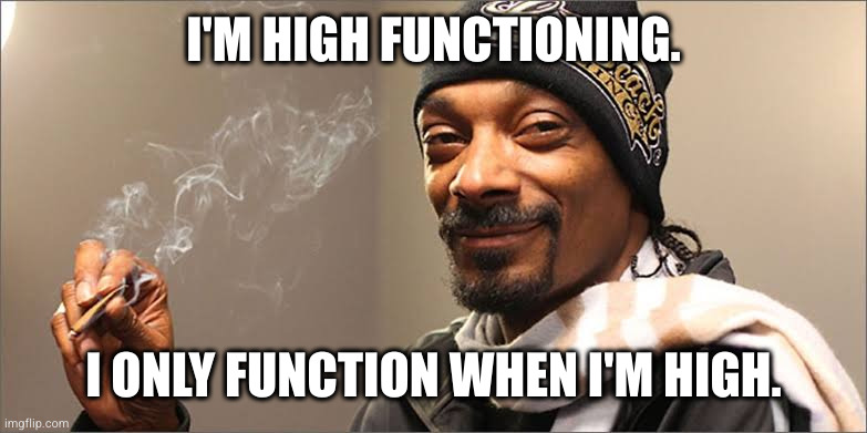 Snoop dog high | I'M HIGH FUNCTIONING. I ONLY FUNCTION WHEN I'M HIGH. | image tagged in snoop dog high | made w/ Imgflip meme maker