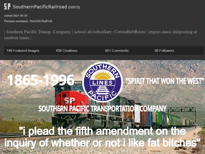 i know SOME people who would say this | "i plead the fifth amendment on the inquiry of whether or not i like fat bitches" | image tagged in southernpacificrailroad annou temp | made w/ Imgflip meme maker