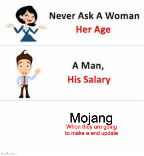 Never ask a woman her age | Mojang; When they are going to make a end update | image tagged in never ask a woman her age | made w/ Imgflip meme maker