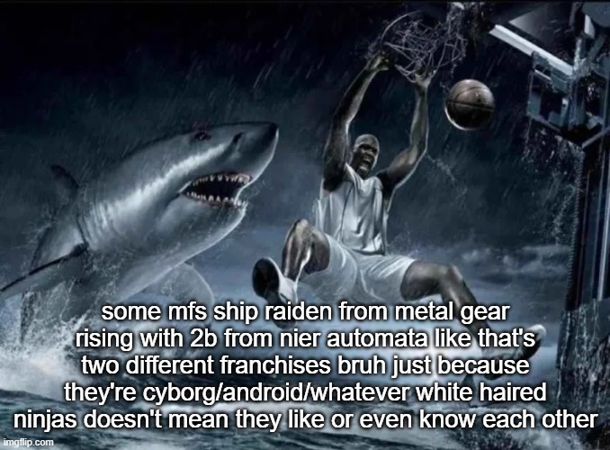 legendary slam dunk | some mfs ship raiden from metal gear rising with 2b from nier automata like that's two different franchises bruh just because they're cyborg/android/whatever white haired ninjas doesn't mean they like or even know each other | image tagged in legendary slam dunk | made w/ Imgflip meme maker