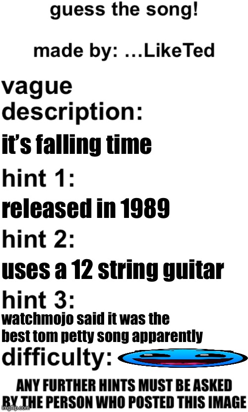 hawk two-ee | it’s falling time; released in 1989; uses a 12 string guitar; watchmojo said it was the best tom petty song apparently | image tagged in guess the song | made w/ Imgflip meme maker