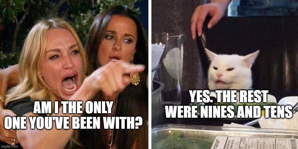 The only one | YES. THE REST WERE NINES AND TENS; AM I THE ONLY ONE YOU'VE BEEN WITH? | image tagged in smudge the cat | made w/ Imgflip meme maker