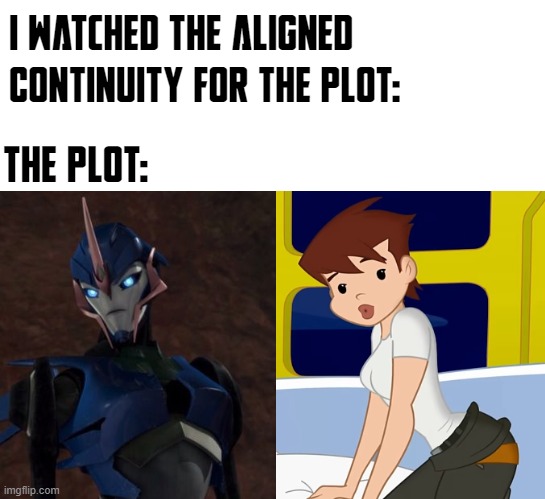 I watched the Transformers Aligned Continuity for the Plot... | i Watched the aligned Continuity for the plot:; The plot: | image tagged in transformers,transformers prime,memes,funny | made w/ Imgflip meme maker