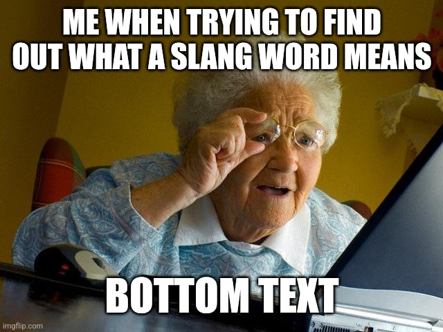 So true ? | ME WHEN TRYING TO FIND OUT WHAT A SLANG WORD MEANS; BOTTOM TEXT | image tagged in memes,grandma finds the internet | made w/ Imgflip meme maker