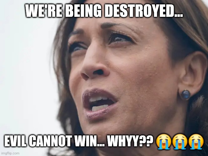 Kamala Crying | WE'RE BEING DESTROYED… EVIL CANNOT WIN… WHYY?? ??? | image tagged in kamala crying | made w/ Imgflip meme maker