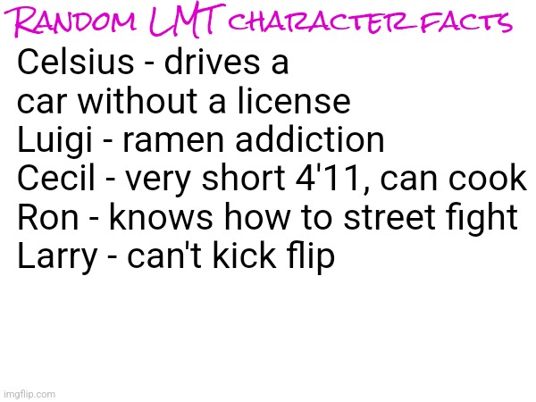 I will make an animation for you if you find the hidden cel 32 album cover | Random LMT character facts; Celsius - drives a car without a license 
Luigi - ramen addiction 
Cecil - very short 4'11, can cook
Ron - knows how to street fight
Larry - can't kick flip | made w/ Imgflip meme maker