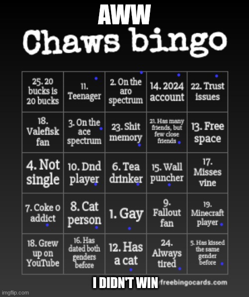 lol | AWW; I DIDN'T WIN | image tagged in chaws bingo | made w/ Imgflip meme maker