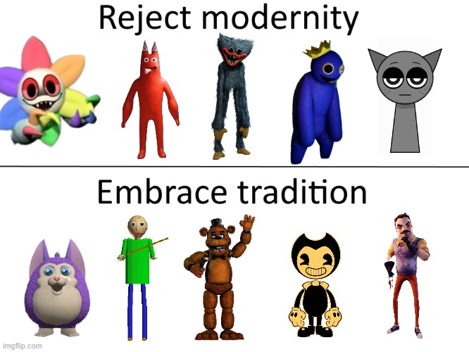 Every Gen Z into mascot horror games be like: | image tagged in reject modernity embrace tradition,five nights at freddys,mascot horror,poppy playtime,fnaf,memes | made w/ Imgflip meme maker