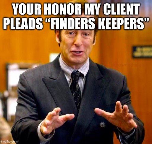 Works for theft or kidnapping | YOUR HONOR MY CLIENT PLEADS “FINDERS KEEPERS” | image tagged in saul goodman your honor | made w/ Imgflip meme maker