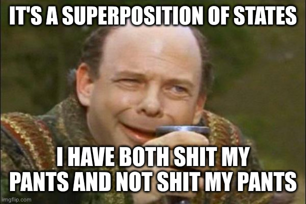 Princess Bride Vizzini | IT'S A SUPERPOSITION OF STATES I HAVE BOTH SHIT MY PANTS AND NOT SHIT MY PANTS | image tagged in princess bride vizzini | made w/ Imgflip meme maker