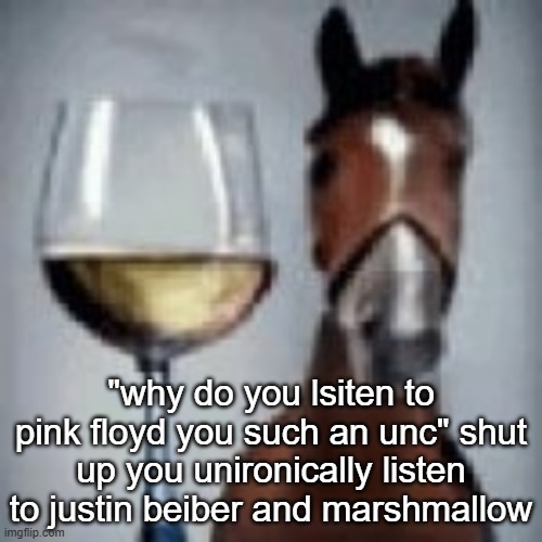wine horse | "why do you lsiten to pink floyd you such an unc" shut up you unironically listen to justin beiber and marshmallow | image tagged in wine horse | made w/ Imgflip meme maker