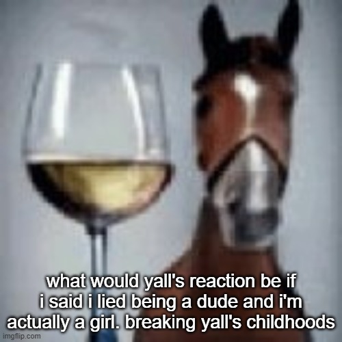 wine horse | what would yall's reaction be if i said i lied being a dude and i'm actually a girl. breaking yall's childhoods | image tagged in wine horse | made w/ Imgflip meme maker