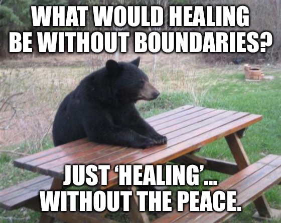 Boundaries and healing | WHAT WOULD HEALING BE WITHOUT BOUNDARIES? JUST ‘HEALING’… WITHOUT THE PEACE. | image tagged in memes,bad luck bear | made w/ Imgflip meme maker