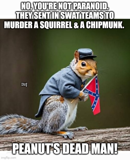 Justice For Peanut | NO, YOU'RE NOT PARANOID. THEY SENT IN SWAT TEAMS TO MURDER A SQUIRREL & A CHIPMUNK. DzJ; PEANUT'S DEAD MAN! | image tagged in government corruption,libtard,commie,losers,finished | made w/ Imgflip meme maker