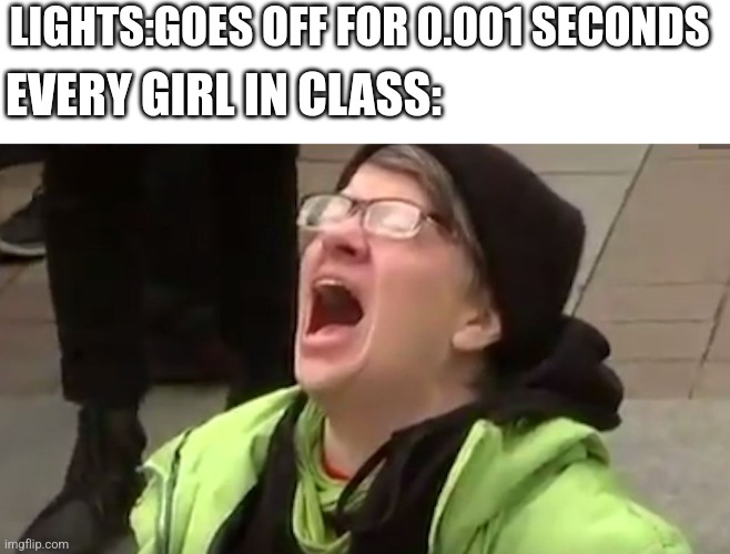 My first non design fail meme in a while | LIGHTS:GOES OFF FOR 0.001 SECONDS; EVERY GIRL IN CLASS: | image tagged in screaming liberal | made w/ Imgflip meme maker