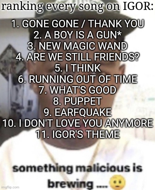you so motherfucking dangerous | ranking every song on IGOR:; 1. GONE GONE / THANK YOU
2. A BOY IS A GUN*
3. NEW MAGIC WAND
4. ARE WE STILL FRIENDS?
5. I THINK
6. RUNNING OUT OF TIME
7. WHAT'S GOOD
8. PUPPET
9. EARFQUAKE
10. I DON'T LOVE YOU ANYMORE
11. IGOR'S THEME | image tagged in something malicious is brewing | made w/ Imgflip meme maker