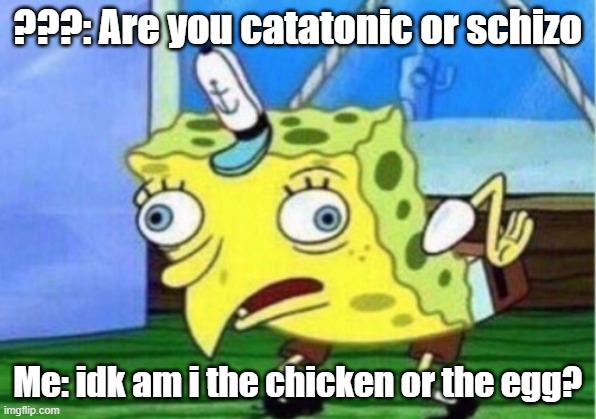 this shi is so ash | ???: Are you catatonic or schizo; Me: idk am i the chicken or the egg? | image tagged in memes,mocking spongebob | made w/ Imgflip meme maker