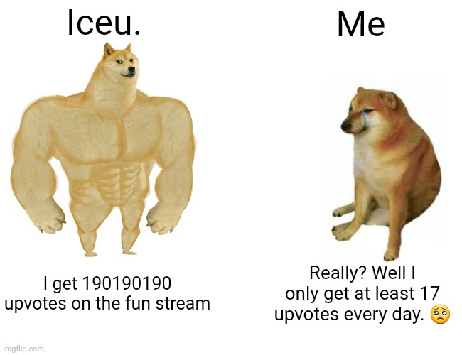 Buff Doge vs. Cheems Meme | Iceu. Me I get 190190190 upvotes on the fun stream Really? Well I only get at least 17 upvotes every day. ? | image tagged in memes,buff doge vs cheems | made w/ Imgflip meme maker