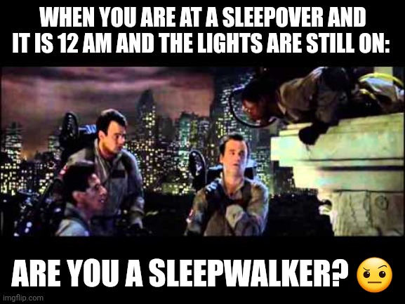 Ghostbusters Are You A God | WHEN YOU ARE AT A SLEEPOVER AND IT IS 12 AM AND THE LIGHTS ARE STILL ON: ARE YOU A SLEEPWALKER? ? | image tagged in ghostbusters are you a god | made w/ Imgflip meme maker