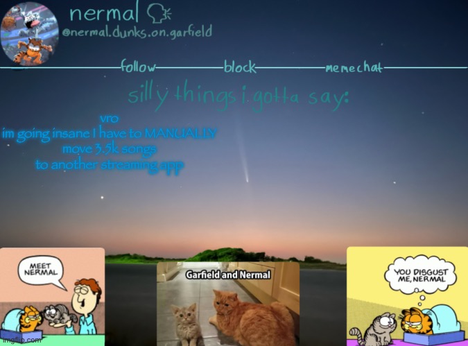 nermal :speak: | vro
im going insane I have to MANUALLY move 3.5k songs to another streaming app | image tagged in nermal speak | made w/ Imgflip meme maker