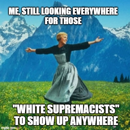 Woman Flower Field | ME, STILL LOOKING EVERYWHERE
FOR THOSE "WHITE SUPREMACISTS"
TO SHOW UP ANYWHERE | image tagged in woman flower field | made w/ Imgflip meme maker