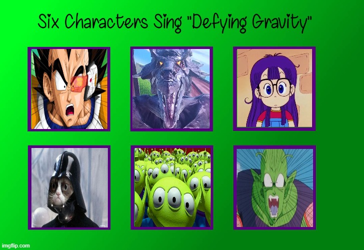 six characters sing defying gravity | image tagged in six characters sing defying gravity,sci-fi,outer space,science fiction,aliens,gravity | made w/ Imgflip meme maker