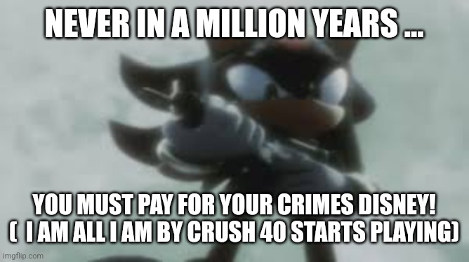 Shadow the hedgehog with a gun | NEVER IN A MILLION YEARS ... YOU MUST PAY FOR YOUR CRIMES DISNEY! (  I AM ALL I AM BY CRUSH 40 STARTS PLAYING) | image tagged in shadow the hedgehog with a gun | made w/ Imgflip meme maker