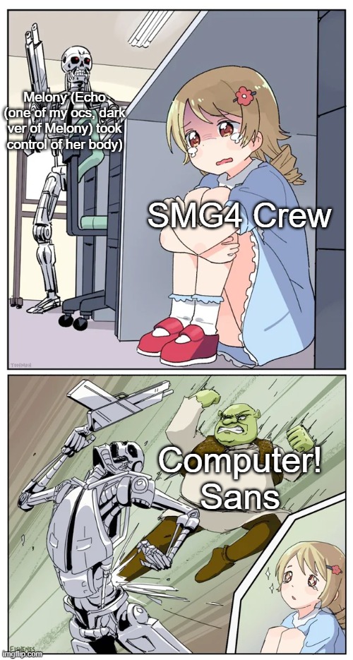 shrek killing terminator | Melony (Echo (one of my ocs, dark ver of Melony) took control of her body); SMG4 Crew; Computer! Sans | image tagged in shrek killing terminator,ultimateverse,memes | made w/ Imgflip meme maker