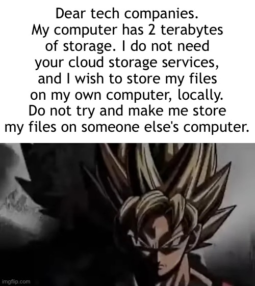 r/im14andthisisdeep type meme | Dear tech companies. My computer has 2 terabytes of storage. I do not need your cloud storage services, and I wish to store my files on my own computer, locally. Do not try and make me store my files on someone else's computer. | image tagged in goku staring,r/im14andthisisdeep,brainrot,technology,memes,bruh moment | made w/ Imgflip meme maker