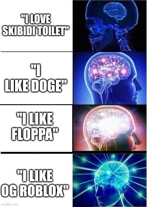 generation of memes | "I LOVE SKIBIDI TOILET"; "I LIKE DOGE"; "I LIKE FLOPPA"; "I LIKE OG ROBLOX" | image tagged in memes,expanding brain | made w/ Imgflip meme maker