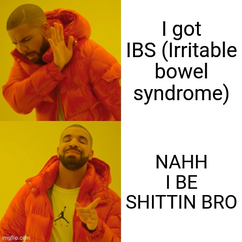 Drake Hotline Bling Meme | I got IBS (Irritable bowel syndrome); NAHH
I BE SHITTIN BRO | image tagged in memes,drake hotline bling | made w/ Imgflip meme maker