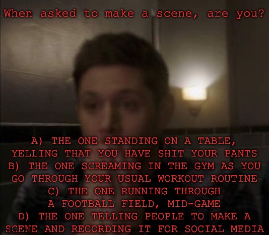 Random Questionaire Inspired By Vine | When asked to make a scene, are you? A) THE ONE STANDING ON A TABLE,
YELLING THAT YOU HAVE SHIT YOUR PANTS
B) THE ONE SCREAMING IN THE GYM AS YOU
GO THROUGH YOUR USUAL WORKOUT ROUTINE
C) THE ONE RUNNING THROUGH
A FOOTBALL FIELD, MID-GAME
D) THE ONE TELLING PEOPLE TO MAKE A
SCENE AND RECORDING IT FOR SOCIAL MEDIA | image tagged in make a scene,chaotic dumb bullshit,ive shat my pants,screaming for no reason,fuck this shit im out,vine inspired questionaire | made w/ Imgflip meme maker