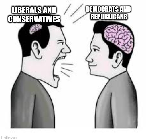 small brain vs big brain | DEMOCRATS AND 
REPUBLICANS; LIBERALS AND
CONSERVATIVES | image tagged in small brain vs big brain | made w/ Imgflip meme maker