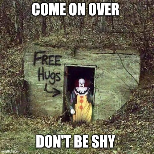 Come on over | COME ON OVER; DON'T BE SHY | image tagged in hugging pennywise,funny memes | made w/ Imgflip meme maker