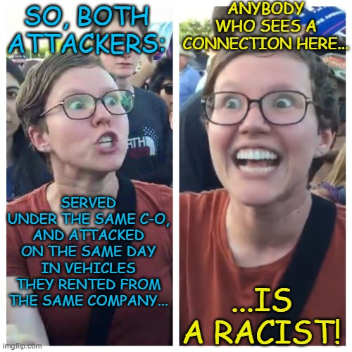 Social Justice Warrior Hypocrisy | SO, BOTH ATTACKERS: SERVED UNDER THE SAME C-O, AND ATTACKED ON THE SAME DAY IN VEHICLES THEY RENTED FROM THE SAME COMPANY... ANYBODY WHO SEE | image tagged in social justice warrior hypocrisy | made w/ Imgflip meme maker