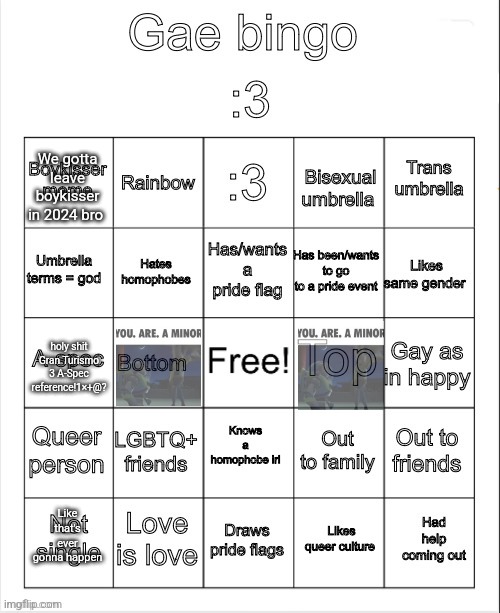 Gae bingo | We gotta leave boykisser in 2024 bro; holy shit Gran Turismo 3 A-Spec reference!1×+@? Like that's ever gonna happen | image tagged in gae bingo | made w/ Imgflip meme maker