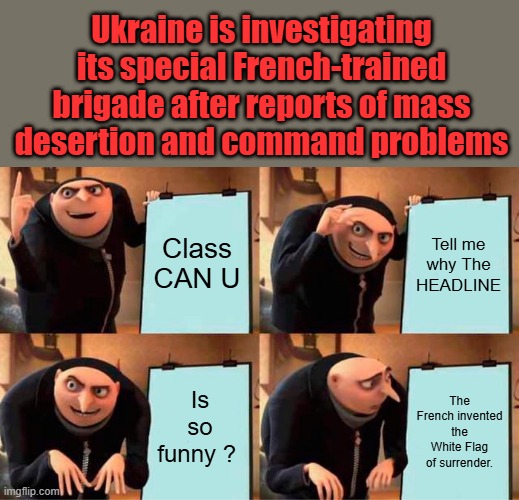 We we | Ukraine is investigating its special French-trained brigade after reports of mass desertion and command problems; Class CAN U; Tell me why The HEADLINE; Is so funny ? The French invented the White Flag of surrender. | image tagged in memes,gru's plan | made w/ Imgflip meme maker