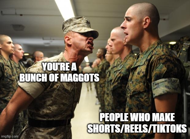 Incompetent short form videos, cant even make a 5 min video | YOU'RE A BUNCH OF MAGGOTS; PEOPLE WHO MAKE SHORTS/REELS/TIKTOKS | image tagged in drill sergeant | made w/ Imgflip meme maker