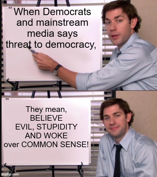 Believe Common Sense over Evil, Stupidity, Mainstream media and Woke! | When Democrats and mainstream media says threat to democracy, They mean, BELIEVE EVIL, STUPIDITY AND WOKE over COMMON SENSE! | image tagged in sam elliott special kind of stupid | made w/ Imgflip meme maker