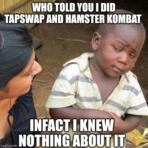 Enic | WHO TOLD YOU I DID TAPSWAP AND HAMSTER KOMBAT; INFACT I KNEW NOTHING ABOUT IT | image tagged in memes,third world skeptical kid | made w/ Imgflip meme maker