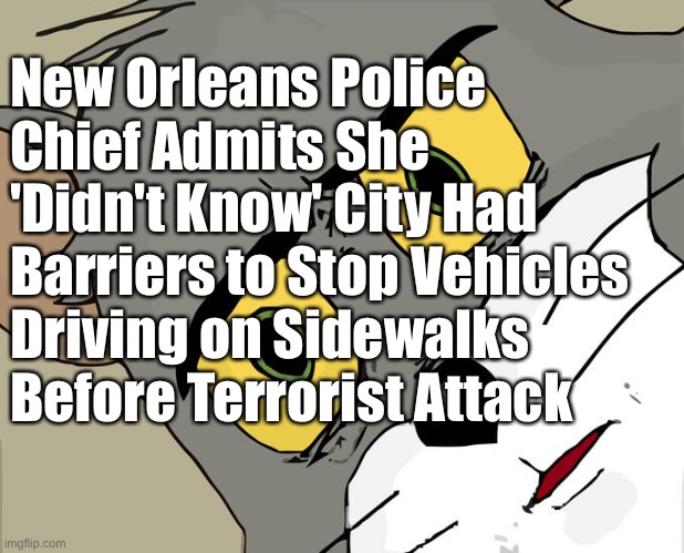 This is why we can’t have safe environments | New Orleans Police Chief Admits She 'Didn't Know' City Had Barriers to Stop Vehicles Driving on Sidewalks Before Terrorist Attack | image tagged in memes,unsettled tom | made w/ Imgflip meme maker